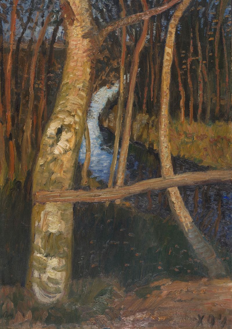 Birken am Moorgraben de Otto Modersohn, óleo sobre lienzo que representa hayas y un paisaje exuberante
