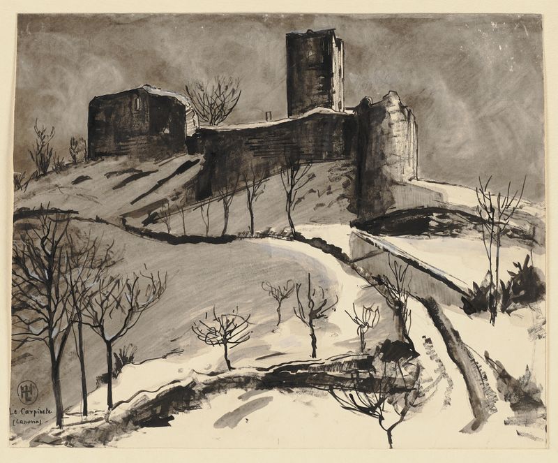 Carpineti castle near Canossa by Hermann Lismann, oil painting depicting a castle against a muted sky.