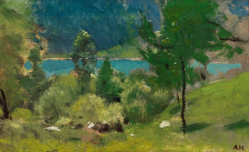 Paisaje con un lago tranquilo y montañas, pintura al óleo de Adolf Hirémy-Hirschl
