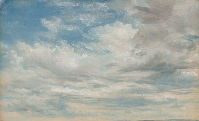 Clouds de John Constable, óleo sobre tela, apresentando nuvens em espiral em uma paisagem nostálgica