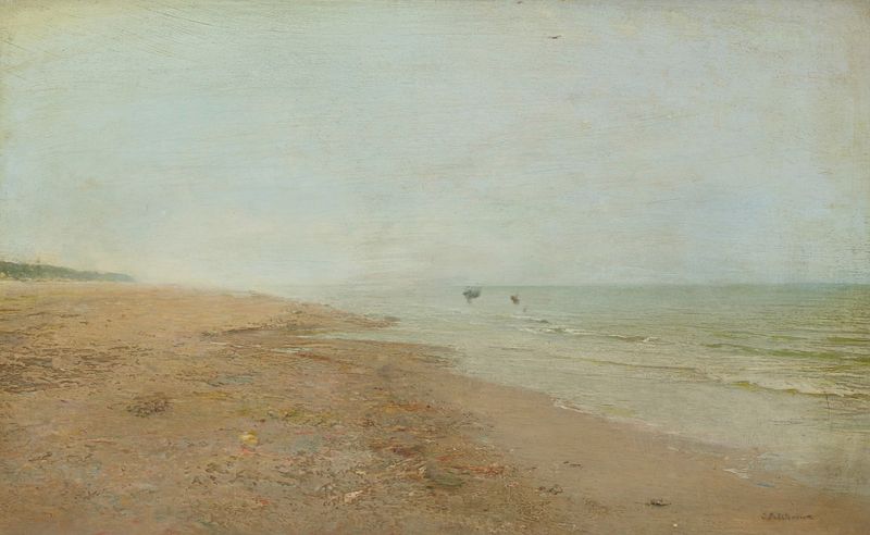 Marine scene depicting shoreline and waves, oil painting by Ivan Pavlovich Pokhitonov, 1911