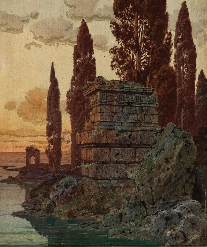 Marine scene depicting dusk on the shore by Ferdinand Knab, oil painting