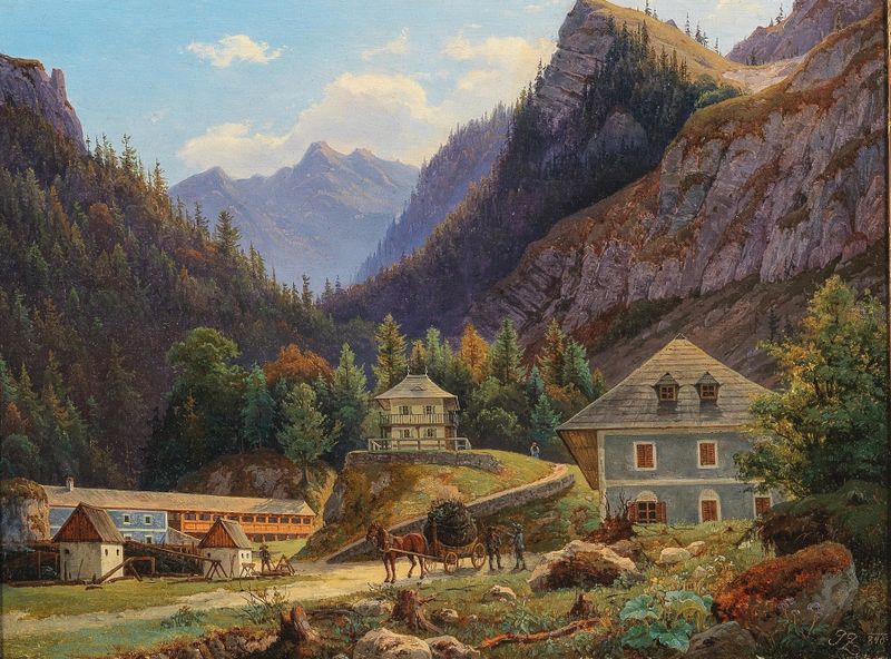 Paisaje con colinas y árboles, óleo sobre lienzo de Joseph Zahradniczek
