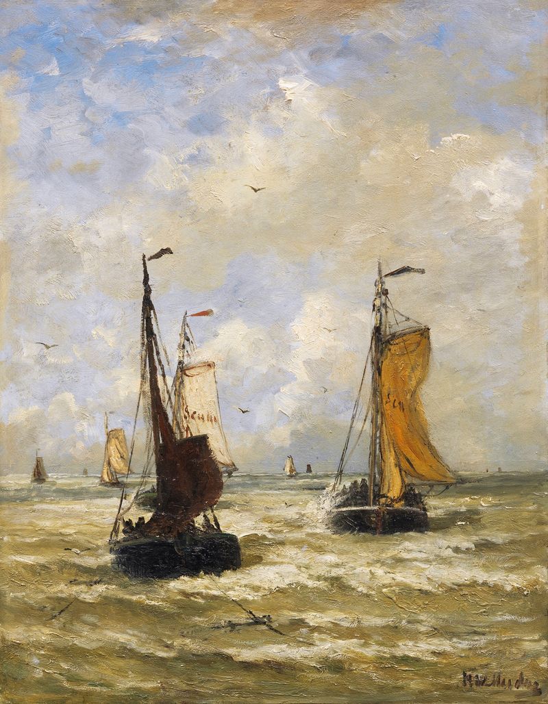 Marine scene with fishermen returning at sunset, oil painting by Hendrik Willem Mesdag