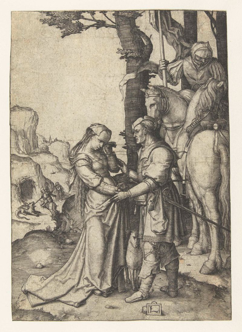 Grabado de Lucas van Leyden que representa a San Jorge, la princesa, un dragón y ovejas.