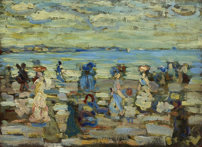 Beach Scene by Maurice Prendergast, depicting a vibrant beach with children playing, oil painting.
