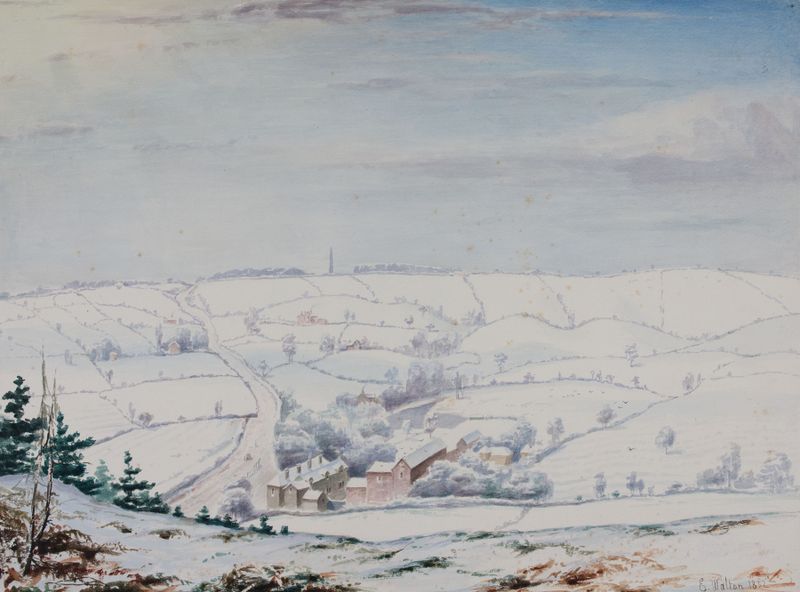 Paisagem de inverno óleo de Elijah Walton com colinas suaves e uma paleta suave