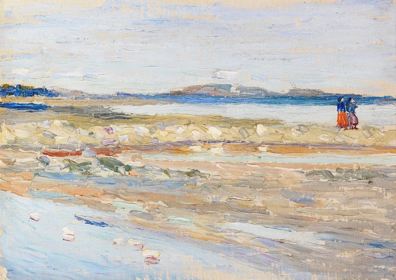 Tunis – Strand de Wassily Kandinsky, óleo sobre tela, apresentando formas abstratas e cores em espiral.