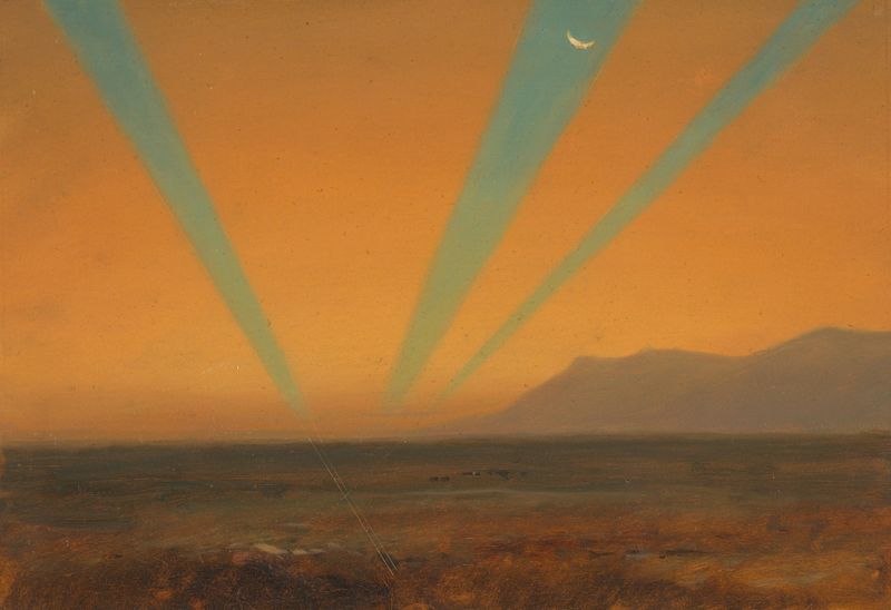 Landscape with Sunset de Frederic Edwin Church, pintura a óleo que retrata um vibrante pôr do sol sobre uma paisagem tranq...