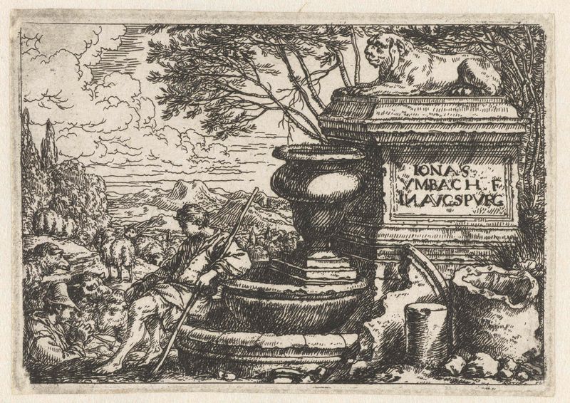 Rustende herders bij een bron by Jonas Umbach, etching depicting a shepherd by a water source