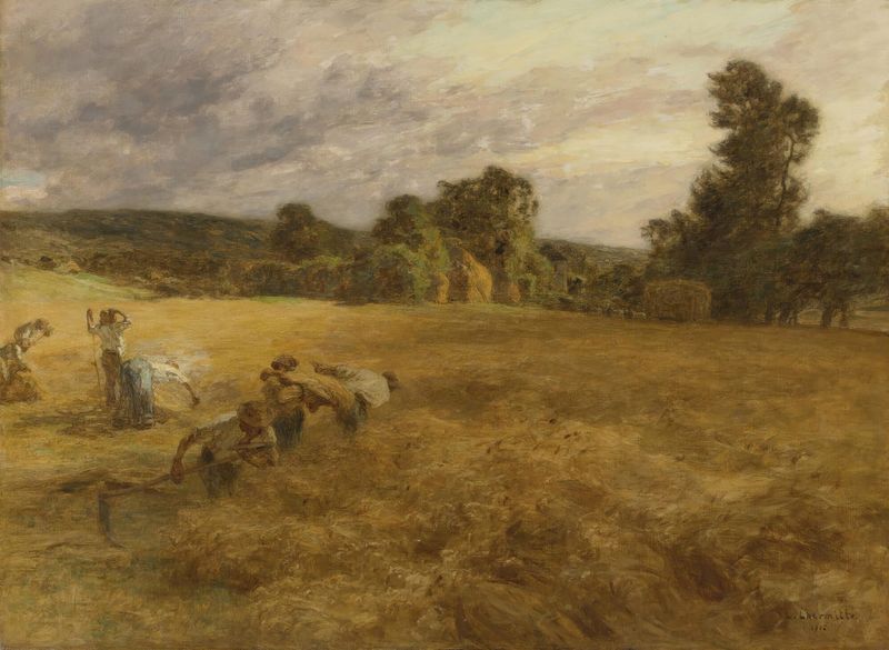 Genre scene of farmers working in a storm, oil painting by Léon Augustin Lhermitte
