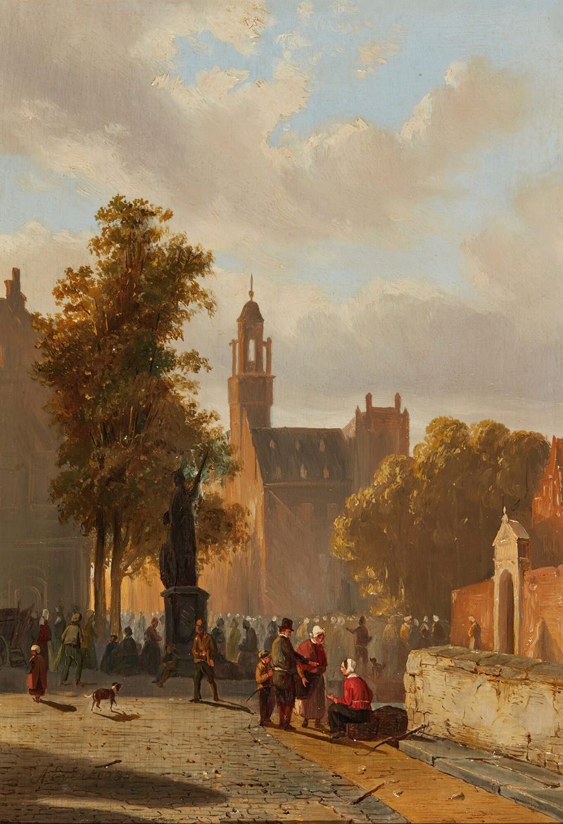 After Church by Adrianus Eversen, realism, figures emerging from a church at sunset.