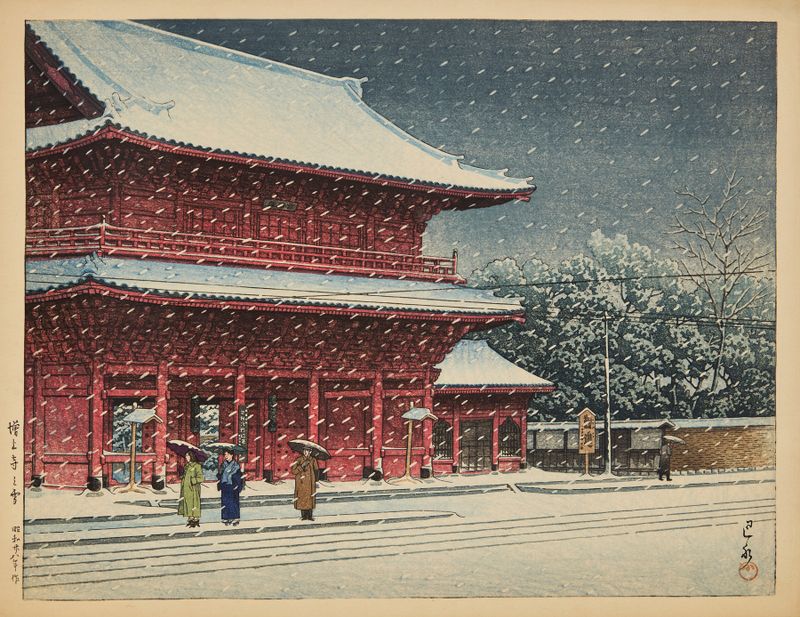 Gravura em madeira de Kawase Hasui representando neve no templo Zojoji