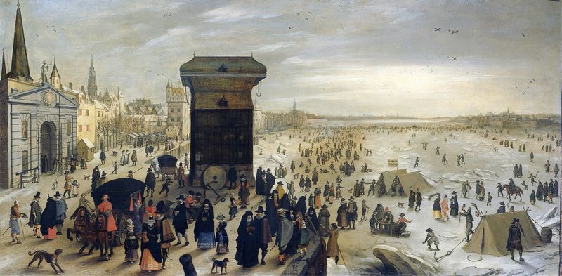 The Kranenhoofd on the Scheldt, Antwerp by Sebastian Vrancx, oil painting depicting a winter river scene.