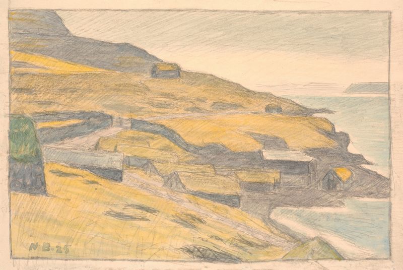 Landscape of fjord and grass by Niels Bjerre, oil painting from 1925