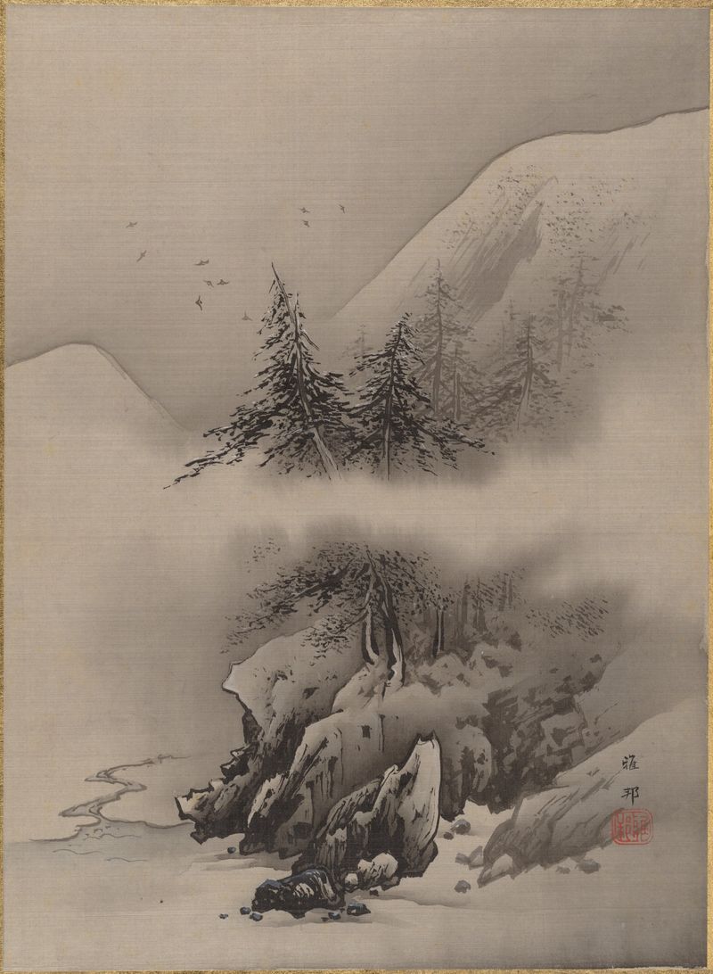 Snow landscape ink on paper by Hashimoto Gahō depicting a tranquil winter scene