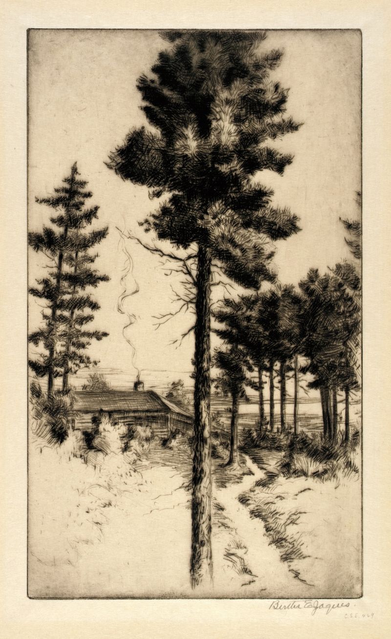 Cabin in Wilderness by Bertha Jaques, watercolor on paper, depicting a rustic cabin in an autumn forest.