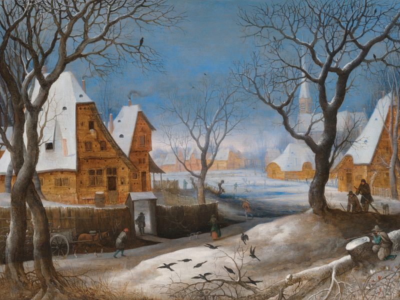 A winter landscape with figures in a village, oil on panel by Adriaen van Stalbemt