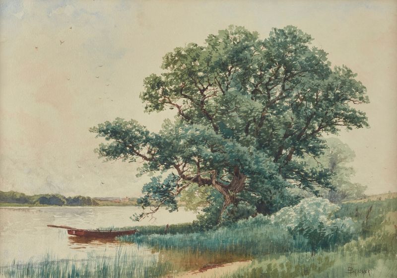 Punt on a River de Alfred Thompson Bricher, pintura a óleo que retrata uma paisagem de rio tranquila com um pequeno barco.