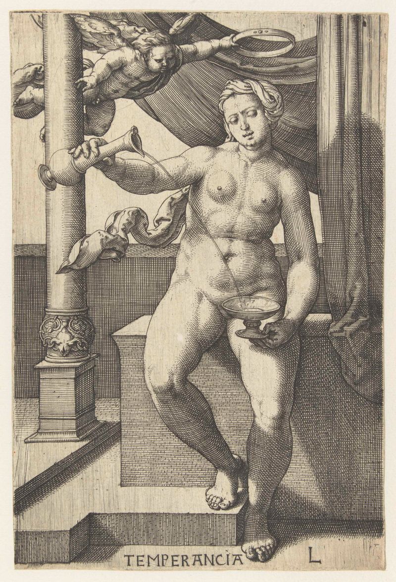 Grabado Gematigdheid de Lucas van Leyden que muestra una figura sosteniendo un recipiente de abundancia