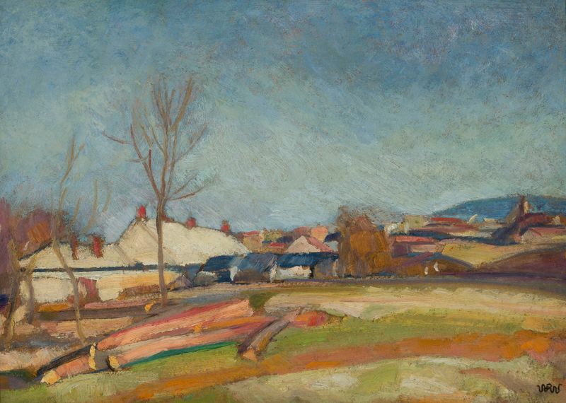 Paisagem de Post-Impressionismo de Wojciech Weiss com cottages e árvores.