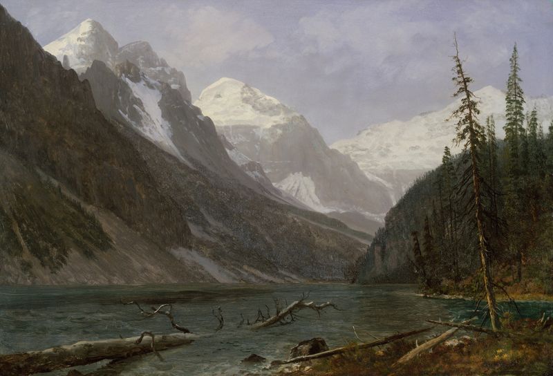 pintura a óleo de Lake Louise por Albert Bierstadt, apresentando águas tranquilas e montanhas imponentes