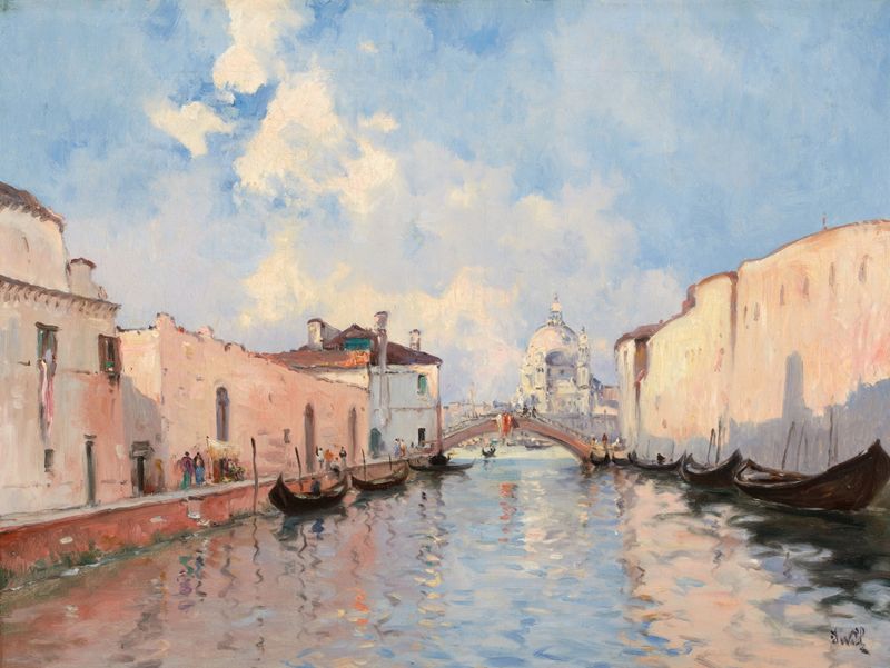 Canal Veneciano de Marie Joseph Clavel, óleo sobre lienzo que representa reflejos del crepúsculo en el agua.