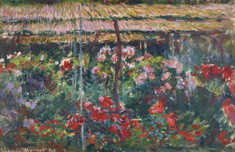 Peony Garden de Claude Monet, pintura a óleo de um jardim vibrante cheio de peônias em flor.