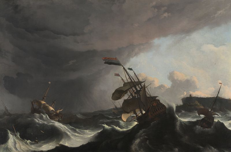 Pintura a óleo de navios de guerra lutando contra uma tempestade forte por Ludolf Bakhuysen