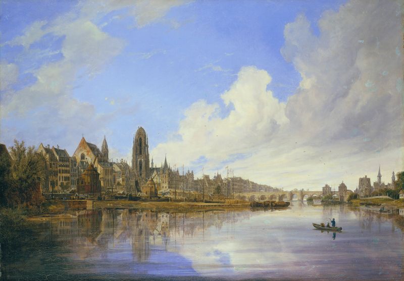 View of Frankfurt by Domenico Quaglio the Younger, oil on canvas depicting a serene river landscape.