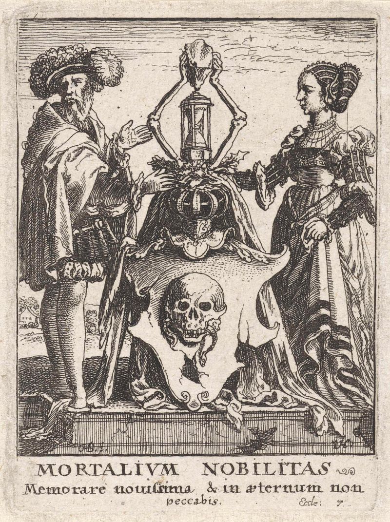 Gravura de Wenceslaus Hollar com um crânio e uma flor.
