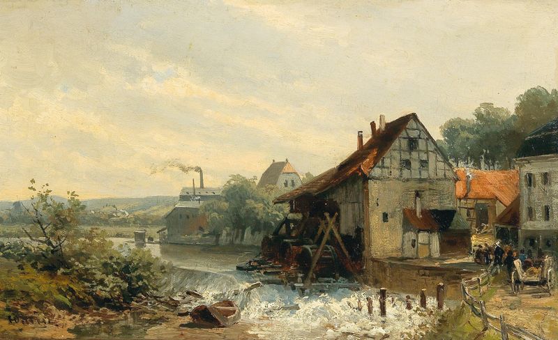 Mill at Broich by Heinrich Deiters, oil on canvas depicting a mill by a river.