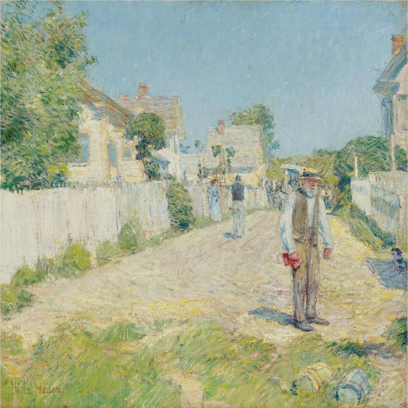 Street In Gloucester by Childe Hassam, oil on canvas depicting a vibrant cobblestone street.
