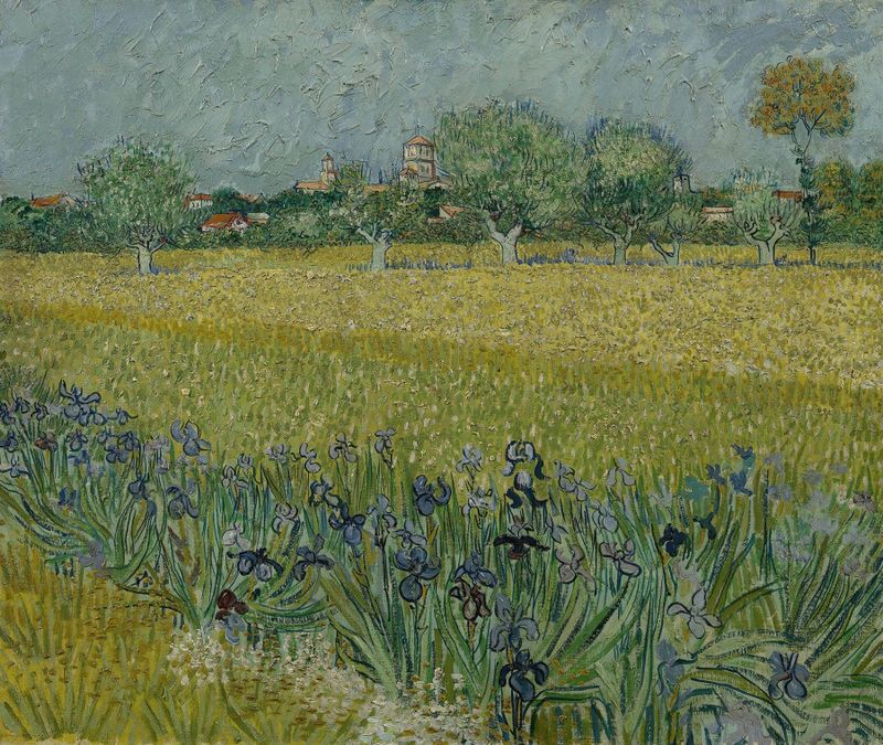 View of Arles with Irises, óleo de Vincent van Gogh