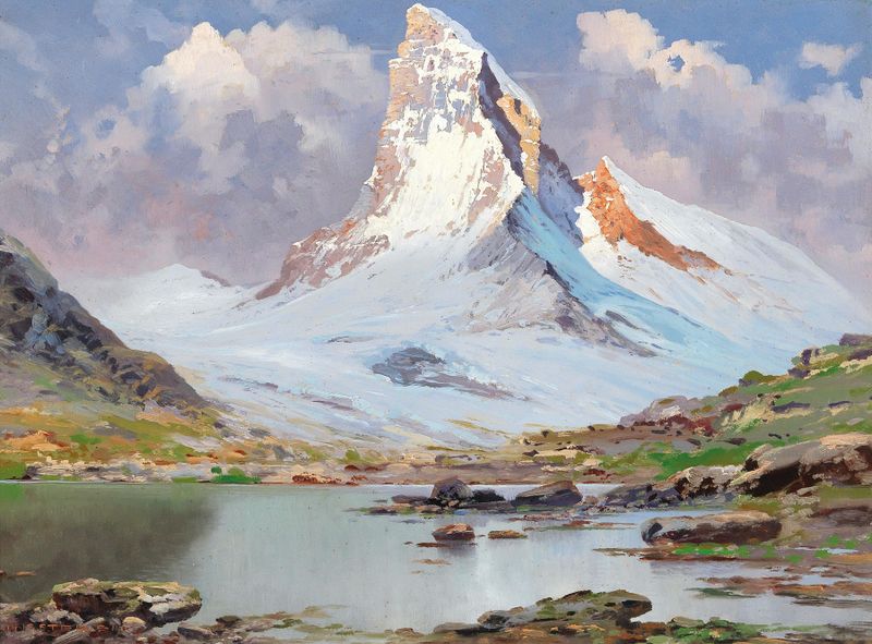 View of the Matterhorn by Toni Haller, oil painting depicting a mountain landscape with dramatic light.