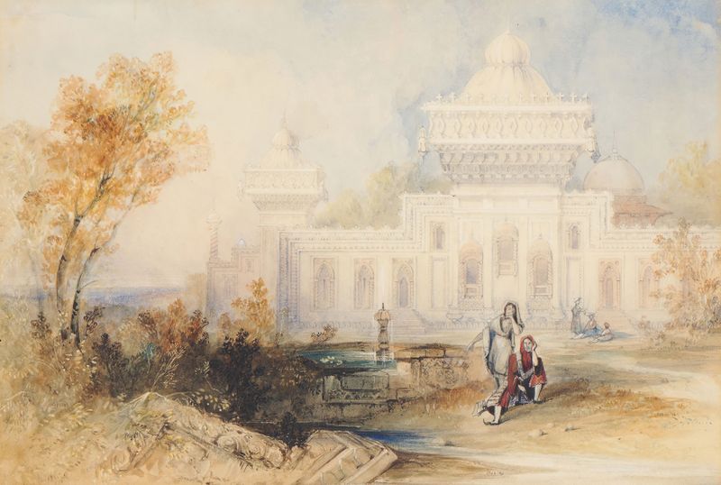 Genre scene depicting vibrant figures in traditional attire by Thomas Colman Dibdin, oil painting