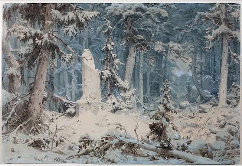 Paisagem de floresta nevada por Andreas Achenbach, pintura a óleo