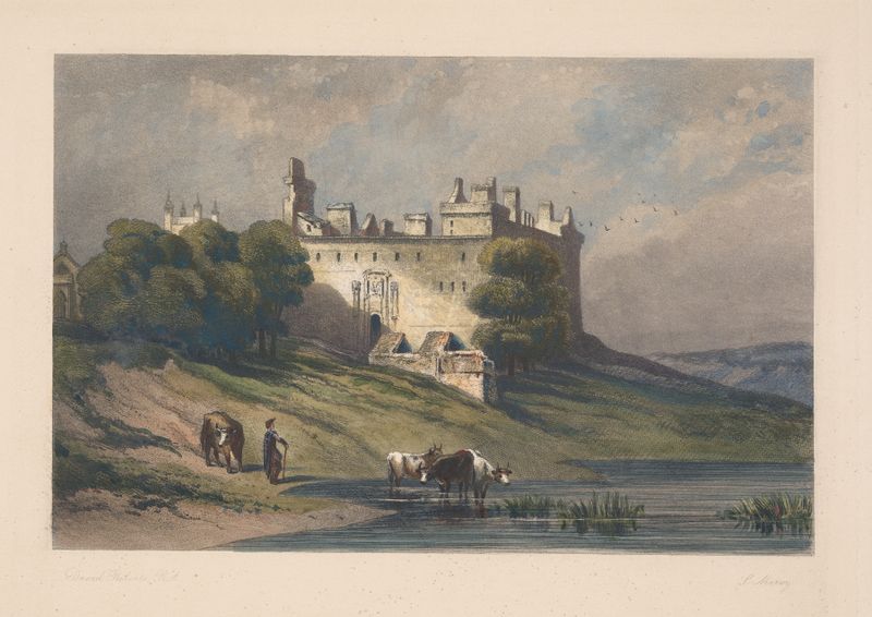 Landscape with cattle near castle, oil painting by Louis Marvy