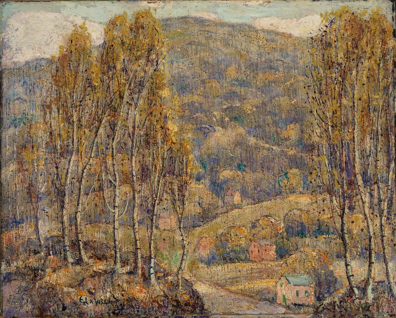 Beeches de Ernest Lawson, óleo sobre tela que retrata árvores e um céu suave