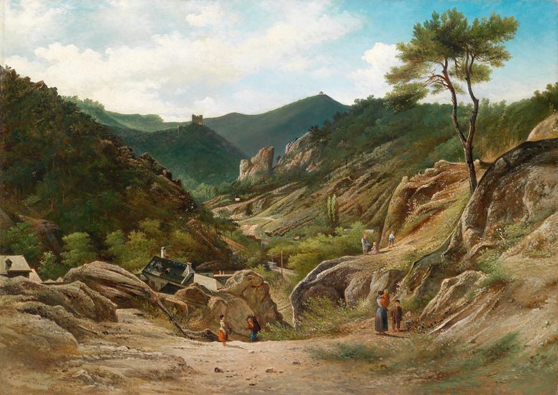 Die Klausen in Mödling, óleo sobre lienzo de Elias Pieter van Bommel, que representa montañas y un cielo apagado.
