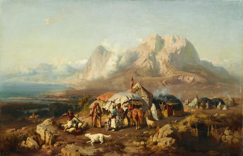A Camp in the Caucasus, óleo sobre lienzo de Paul von Franken, que representa un campamento en las montañas.