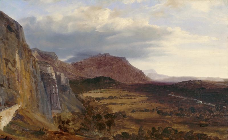 Paisaje de las montañas Saleve bajo un cielo sereno de Théodore Rousseau, pintura al óleo.