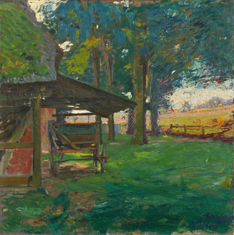 Paisaje con una granja rodeada de vegetación, pintura al óleo de Franz Nölken