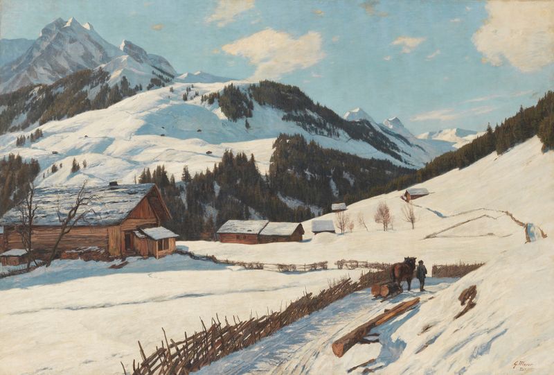 Sonniger Wintertag in den Bergen by Georg Macco, oil painting depicting a winter landscape.