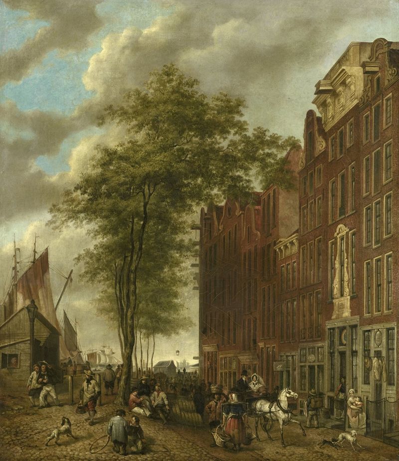 Escena de género que representa The Slijpsteenmarkt de Willem Pieter Hoevenaar, pintura al óleo
