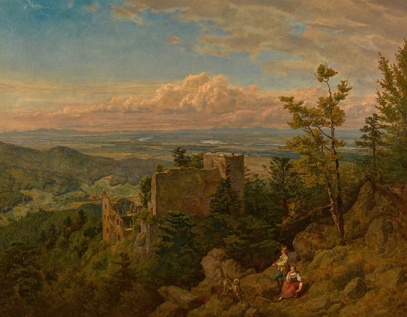 As ruínas de um castelo com vista para o vale do Reno, óleo de Hans Thoma