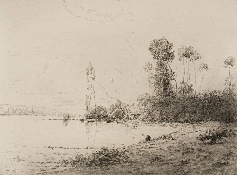 La Seine près de Vernon de Camille Hippolythe Delpy, óleo sobre tela representando uma paisagem fluvial com luz da manhã.