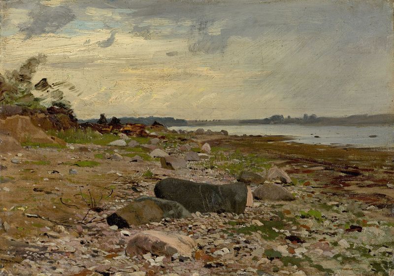 Realism landscape by Eugen Dücker depicting a rocky shoreline and river
