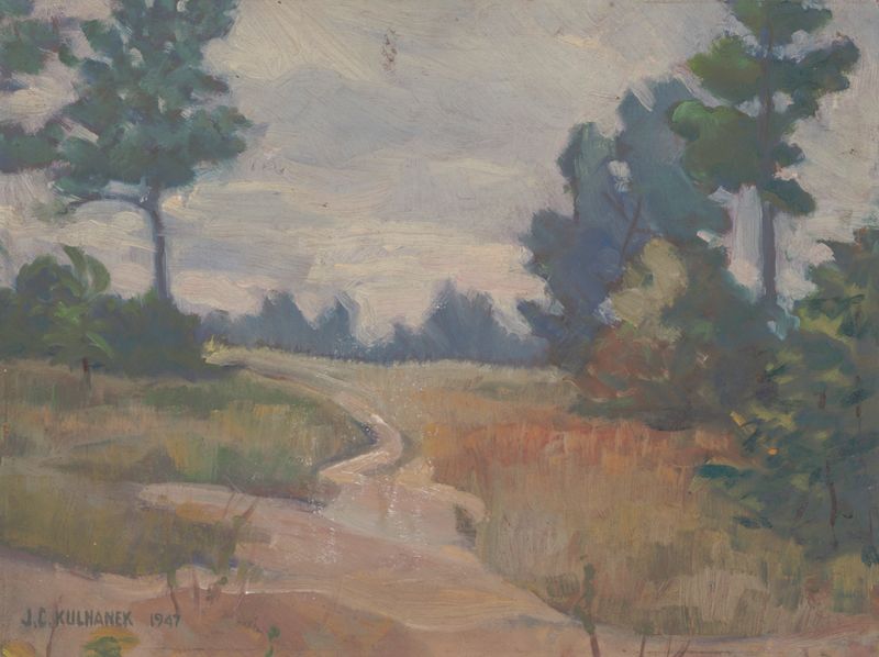 Landscape oil painting by James C. Kulhanek featuring a winding path and muted colors