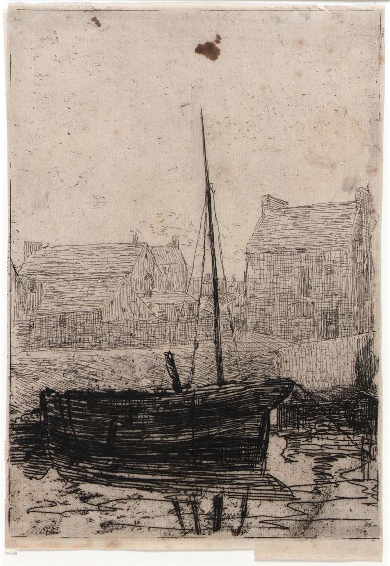 Barco amarrado en la costa, óleo sobre lienzo de Julian Alden Weir